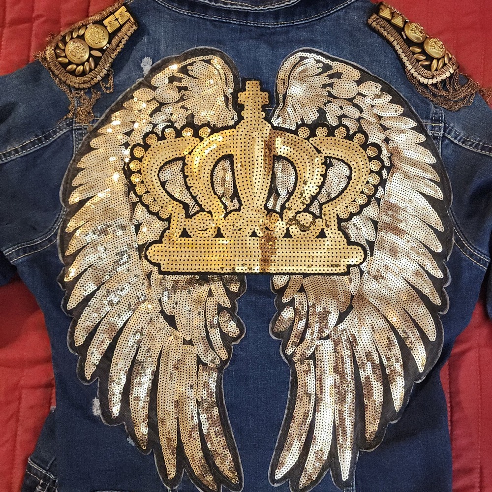 F31 Denimland Women Distressed Jacket Gold Sequin Angel Wings Crown Small YB-001
